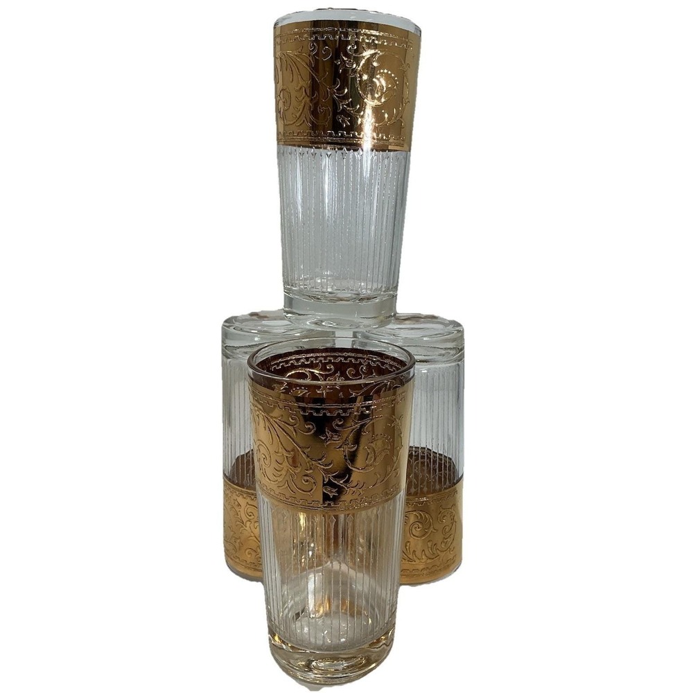 Vintage Gold Encrusted Floral Scroll‎ Highball Glasses Optic Ribbed Set of 4